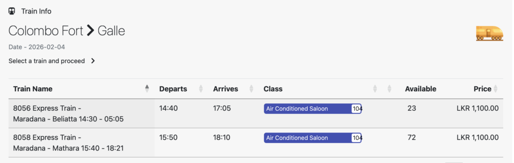 Train timetable Colombo to Galle